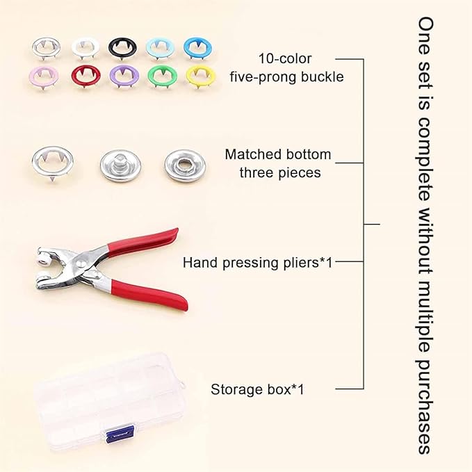 Sewing Kit with 100PCS Metal Buttons – Manual Pliers Tool Included, 9.5mm Snap Button Kit with Fastener Tool, Easy to Use, for DIY Crafts Sewing Fabric Clothes Bag Jean (Multicolor)
