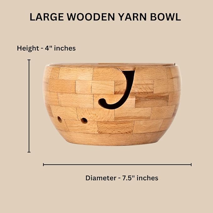 Wooden Large Yarn Bowl with Lid (7.5x4.5) – Yarn Holder with Cover for Crocheting & Knitting – Crochet Bowl with Handle & Hooks – Christmas Gift for Crafters