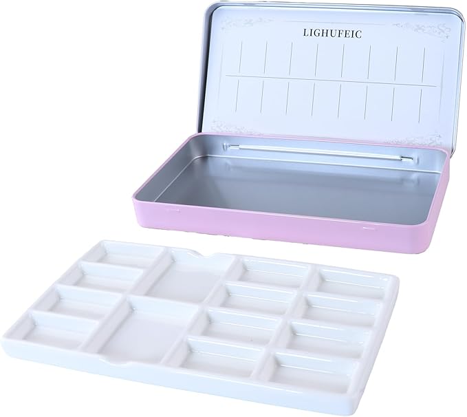 Travel Watercolor Palette,Portable Ceramic Palette with 14 Well,Metal Paint Box with Porcelain Palette(Pink Box)