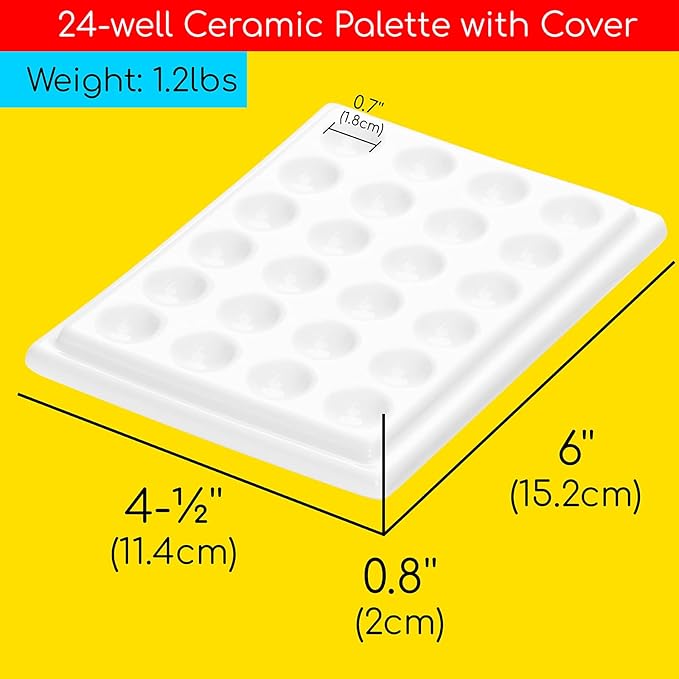 MEEDEN 24-Well Ceramic Watercolor Paint Palette with Cover, Porcelain Mixing Artist Palette 6 by 4-1/2 inch for Artist Watercolor Gouache Painting Coloring