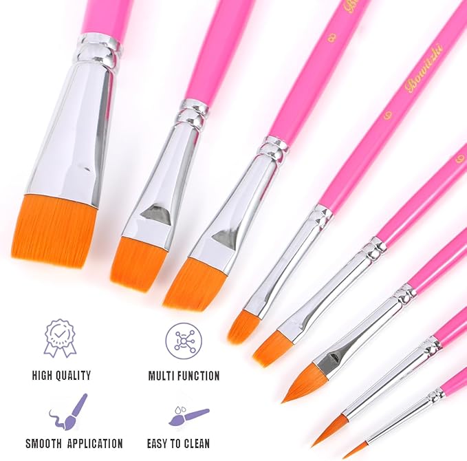 Bowitzki Pink Face Paint Brushes 8 pcs,Professional Artist Brush for Body face Painting,Acrylic Painting Watercolor Oil Gouache