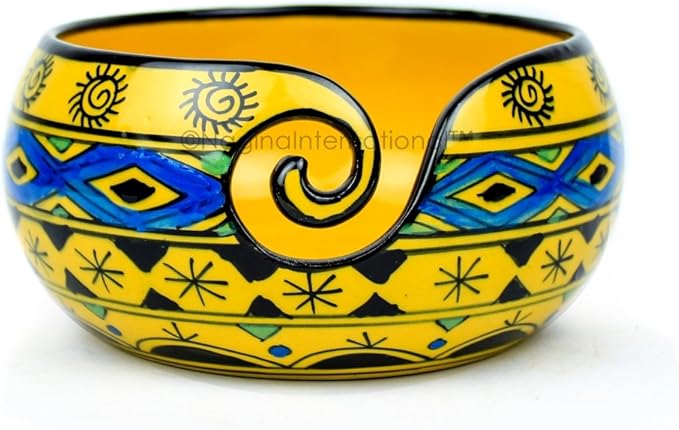 Nagina International Ceramic Attractively Hand Painted Gorgeous Stoneware Yarn Ball Storage Bowl With Innovative Dispensing Curl | Knitting & Crochet Accessions (Large, Wild Aqua Yellow)