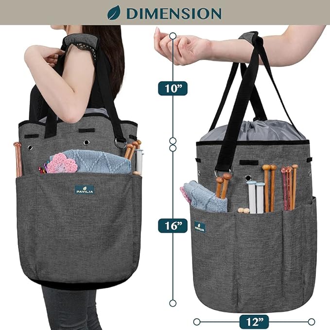 PAVILIA Crochet Bag Knitting Bag Organizer, Yarn Bag Storage Tote for Crocheting On The Go, Knitting Accessories Supplies Holder with Grommets, Gift for Crochet Lovers Knitters (Charcoal Gray)