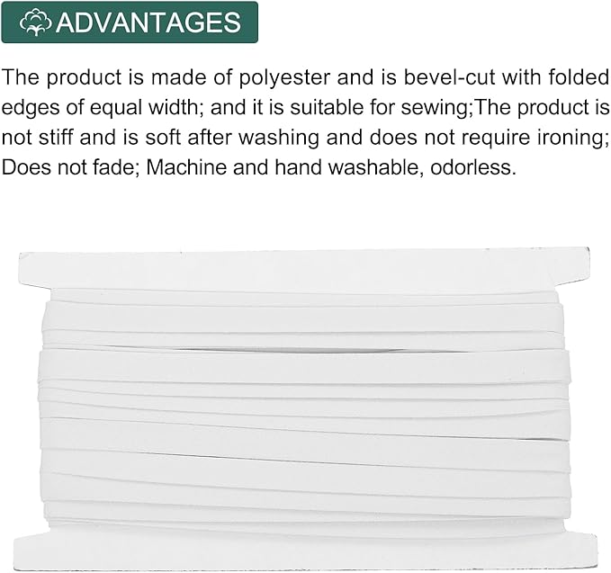 MECCANIXITY 2/5 Inch Double Fold Bias Tape Cotton Continuous Bulk Bias Tape for Sewing,Seaming Quilting Hemming Binding Crafts (White 12 Yards)