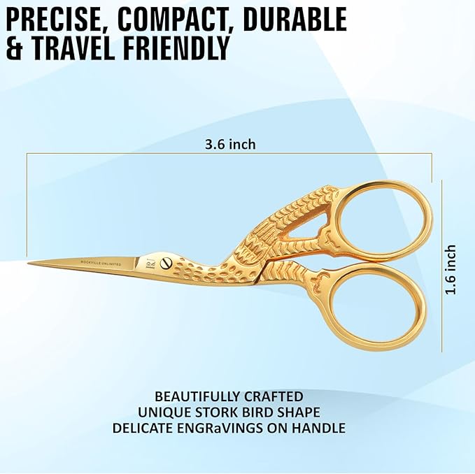 Golden Stork 3.5 inch Embroidery Scissors Gold Plated for Small Sharp Tip Cross Stitch Crane Design Stainless Steel Bird Scissors for Sewing Art & Craft Craft Stitch Cutting Sewing scissors.