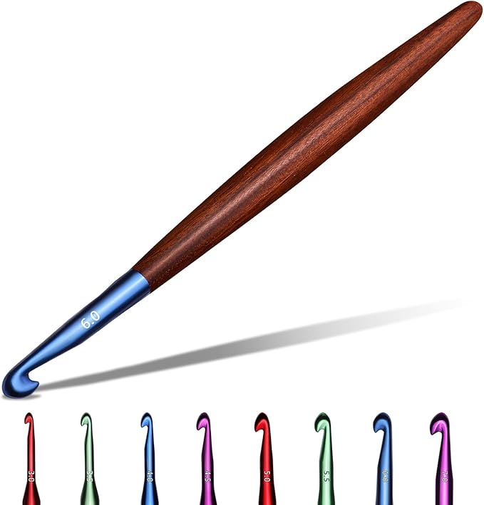 Giwrmu Crochet Hooks, 6mm Ergonomic Crochet Hook, Available in 3mm-7mm, Colored Aluminum Crochet Hook with Wooden Handle Crochet Needle for Crocheting Yarn