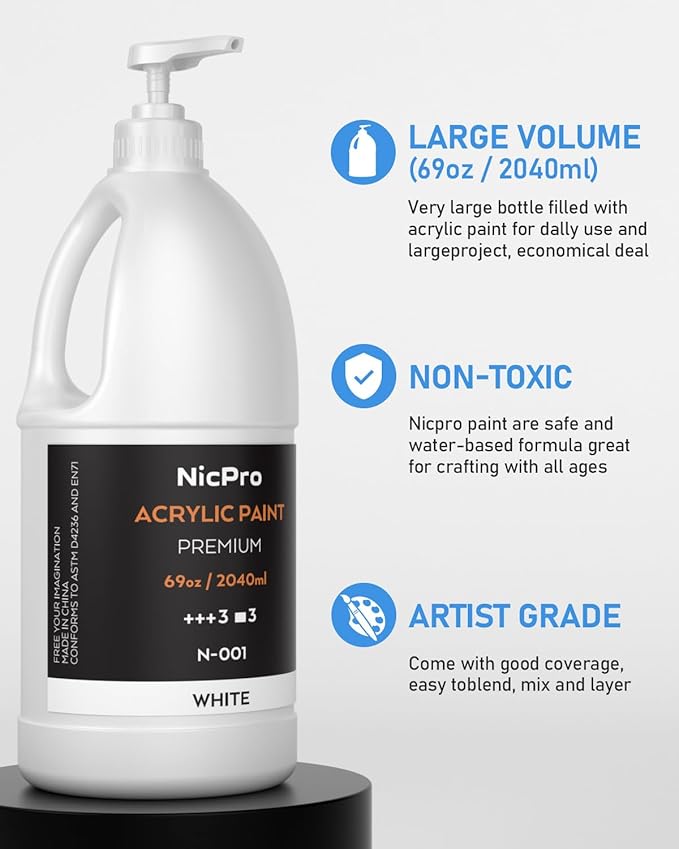 Nicpro 2 Pack White Large Acrylic Paint Set (69 oz, 2040 ml) Rich Art Painting Supplies Non Toxic for Multi Surface, Canvas, Wood, Leather, Fabric Stone Craft, for Beginners & Artists with Pump