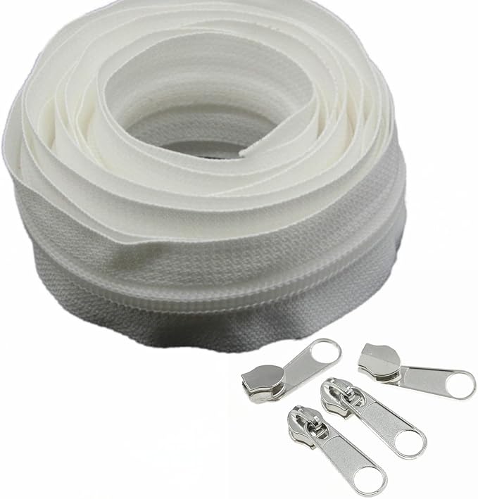 Leekayer #3 White Nylon Zippers by The Yard Bulk 10 Yards with 25pcs Silver Sliders, Zipper for Sewing Dress Tailor DIY Handmand Bag Luggage Sofa Duvet Cusion Pillow Pockets Purses