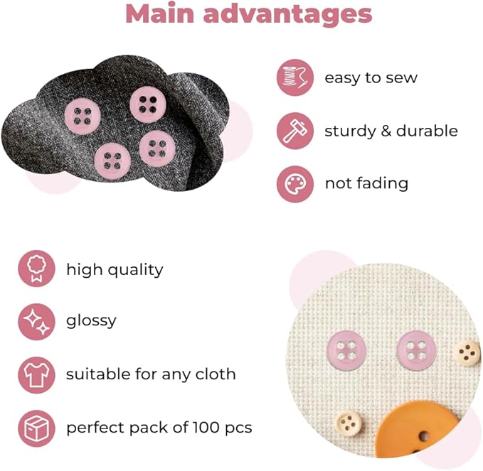100 Pcs Pink Sewing Buttons 4 Hole Round Buttons 0.4 inch 16L Plastic 10mm Light Pink Replacement Bulk Ideal for Clothes Pants Blouse Shirt Dress Skirt Shorts Decorative DIY Arts Crafts