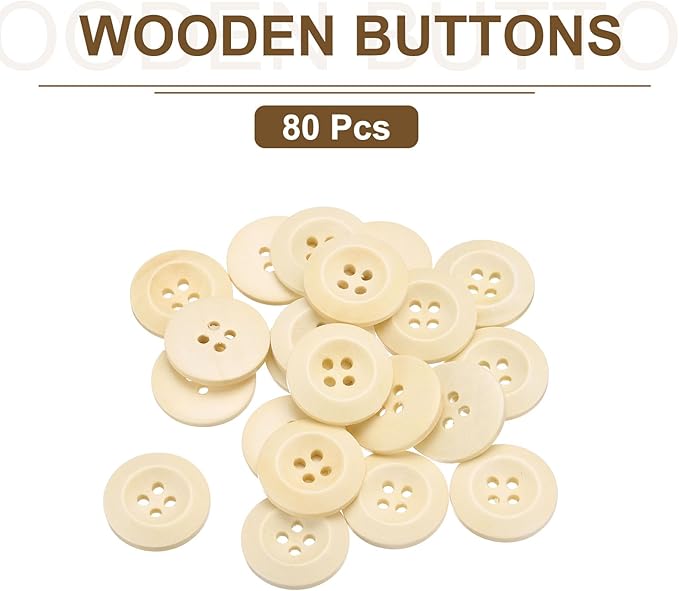 uxcell 80Pcs Wooden Buttons, 23mm(7/8") 4 Hole Round Wood Sewing Button Craft for Sewing DIY Craft Clothing, Natural Wood