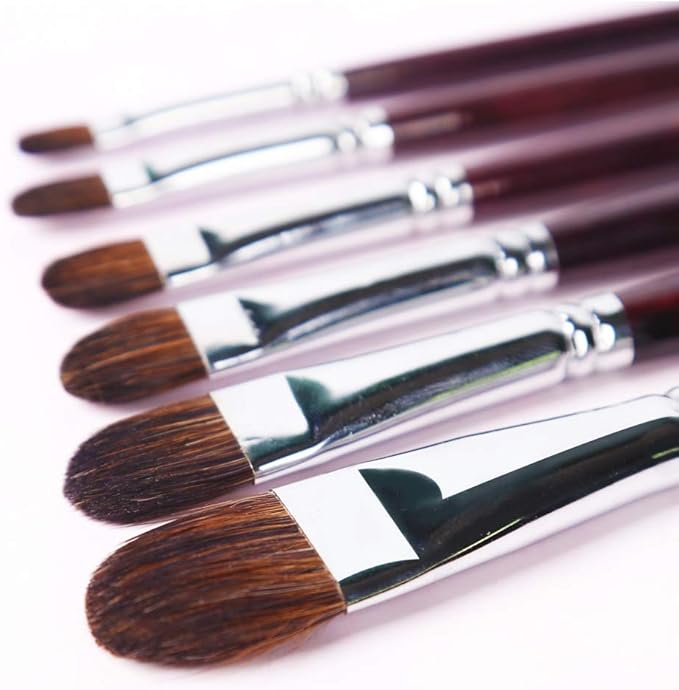 Transon Red Sable Filbert Paint Brushes 6pcs for Watercolor, Acrylic, Oil, Tempera and Gouache Painting