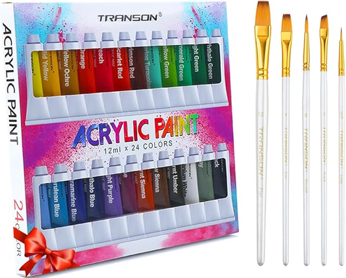 TRANSON Acrylic Paint Set 24-color with 5 Paint Brushes Non-toxic for Canvas Craft Rock Art Painting