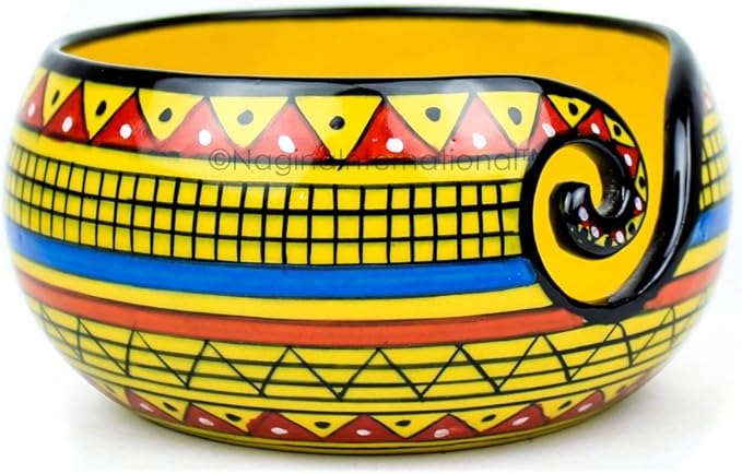 Nagina International Ceramic Attractively Hand Painted Gorgeous Stoneware Yarn Ball Storage Bowl With Innovative Dispensing Curl | Knitting & Crochet Accessions (Small, African Yellow)