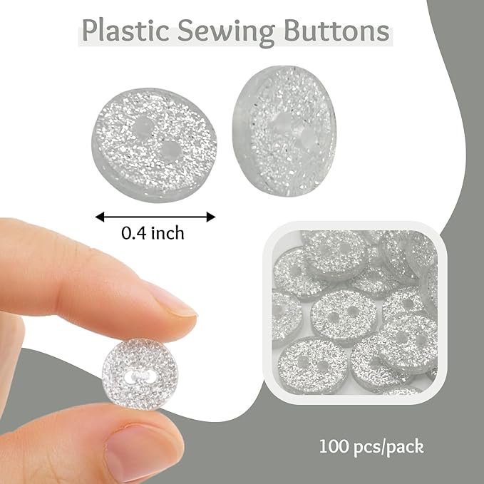 100 Pack Silver Sewing Buttons 0.4 inch 16L Glitter Buttons Round 2 Hole Glossy Plastic 10mm Ideal for Shirt Blouse Skirt School Outfits Aprons Pants Jackets Accessories Bags DIY Crafts