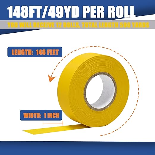 12 Pack Yellow Flagging Tape, Non Adhesive Surveyors Tape, Neon Tree Marking Ribbon, Great Visual Labeling for Boundaries and Hazardous Areas Marking, 1 in. x 150 ft