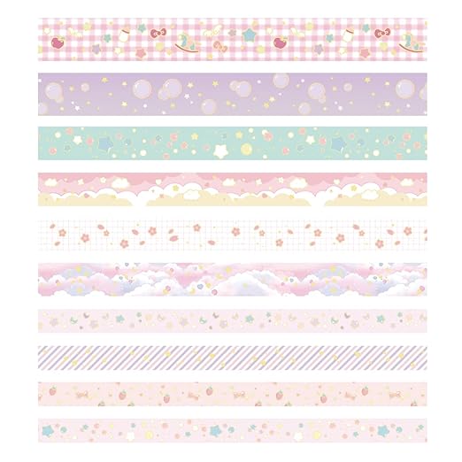 YUBX Creative Washi Tape Set 10 Rolls Gold Foil Print Decorative Masking Tapes for Arts, DIY Crafts, Journals, Planners, Scrapbook, Wrapping (Cute Sweety)