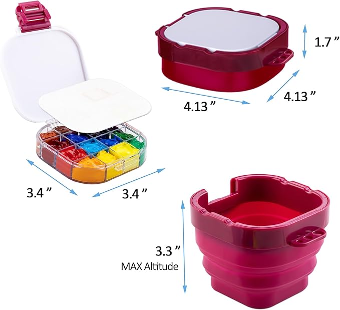 Falling in Art Paint Palette, Airtight 16 Wells Storage Palette Box with Lid and Folding Paint Brush Basin for Watercolor, Gouache and Acrylic Painting (Red)