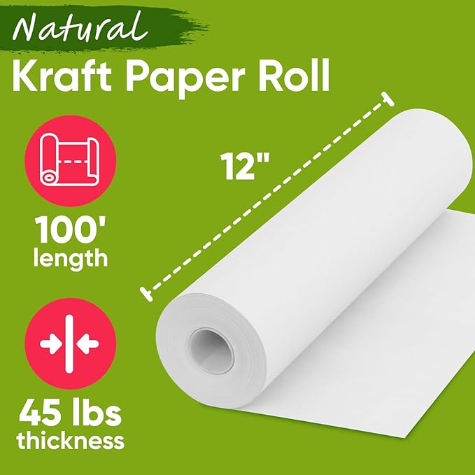 USA Made 12" x 1200" White Kraft Paper Roll, 45 lbs Thickness, American Quality Colored Kraft Paper for School, Bulletin Board - Odorless, Non-Toxic, Safe for Kids