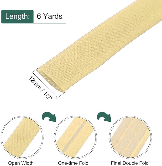 MECCANIXITY 1/2 Inch Double Fold Bias Tape Continuous Bulk Cotton Bias Tape for Sewing Seaming Quilting Hemming Binding Crafts (Lemon Yellow 6 Yards)