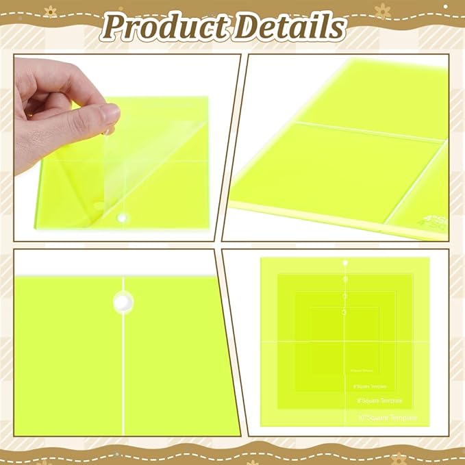 Peacoblue 4Pcs Acrylic Square Quilting Template Set 4",6",8",10" Accurate Cutting Quilting Ruler for Layer Cakes, Patchwork & Quilts Long - Lasting, Non - Slip Design for Sewing & Craft Creations