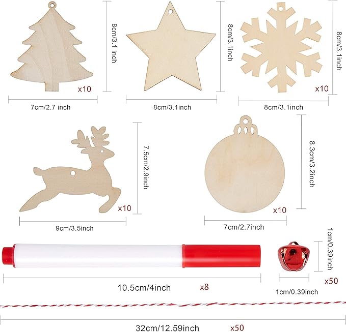 Artmag 50pcs Unfinished Wooden Hanging Ornaments for Christmas Decorations,5 Styles DIY Wood Slices with Holes for Crafts Centerpieces Holiday Hanging Decorations