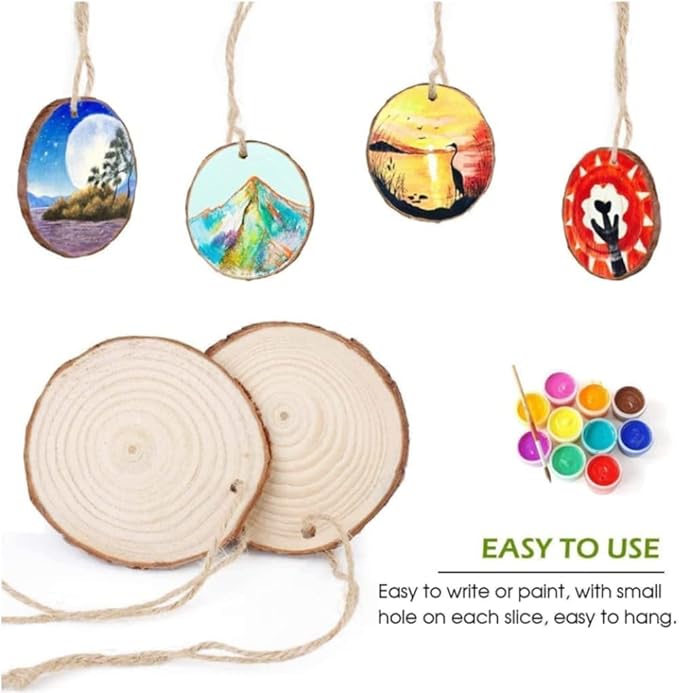 30pcs Wood Slices, BetterJonny 2.75-3.15 inch Undrilled Wooden Circles Predrilled with Hole Natural Wood Ornaments with 10 Meters Jute Rope for Arts DIY Craft