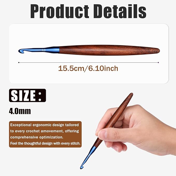 Giwrmu Crochet Hooks, 4mm Ergonomic Crochet Hook, Available in 3mm-7mm, Colored Aluminum Crochet Hook with Wooden Handle Crochet Needle for Crocheting Yarn