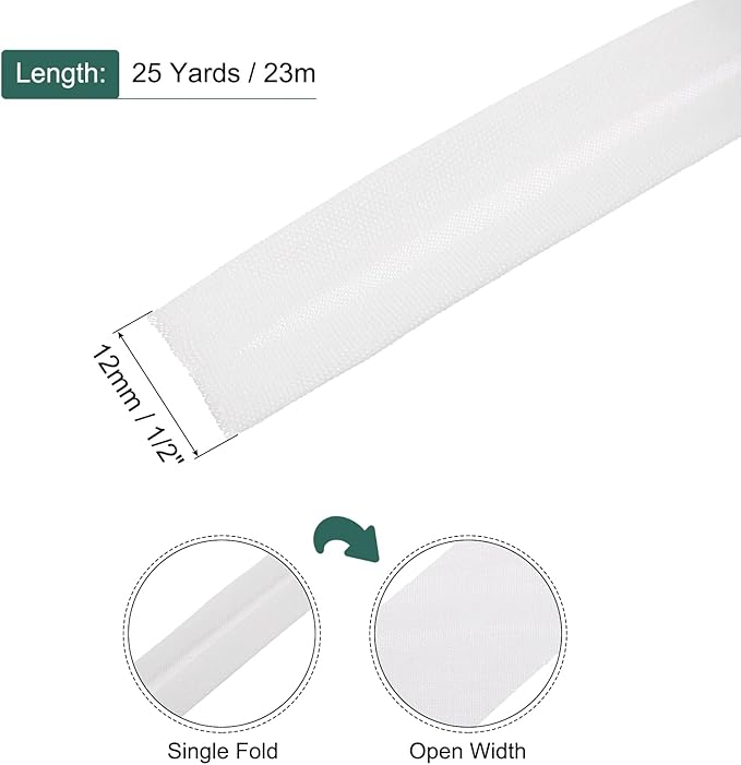 MECCANIXITY 1/2 Inch Single Fold Bias Tape Polyester Continuous Bulk Bias Tape for Sewing,Seaming Quilting Hemming Binding Crafts (White 25 Yards)