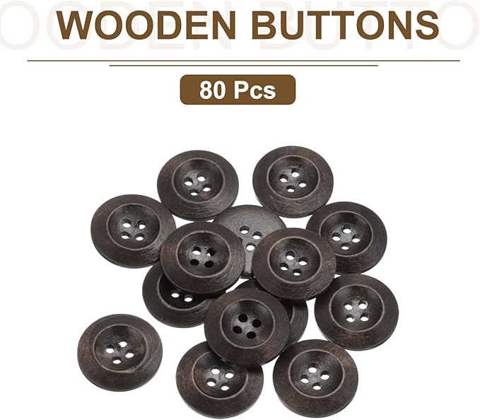 uxcell 80Pcs Wooden Buttons, 23mm(7/8") 4 Hole Round Wood Sewing Button Craft for Sewing DIY Craft Clothing, Dark Brown