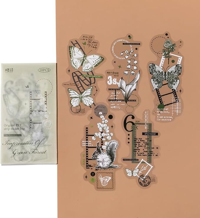 MAFELOE Scrapbook Stickers of 10 Pieces, PET Aesthetic Deco Stickers Journaling Supplies for Junk Bullet Bottles Laptop- Film Memoirs Series-C
