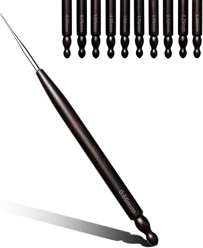 Hssugi Crochet Hooks, 0.5mm Small Crochet Hooks for Arthritic Hands with Wooden Handle, Ergonomic Lace Crochet Needles for Thread Embroidery DIY Lace