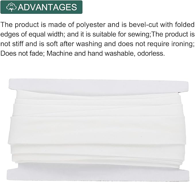 MECCANIXITY 1 Inch Double Fold Bias Tape Continuous Bulk Cotton Bias Tape for Sewing Seaming Quilting Hemming Binding Crafts (White 12 Yards)