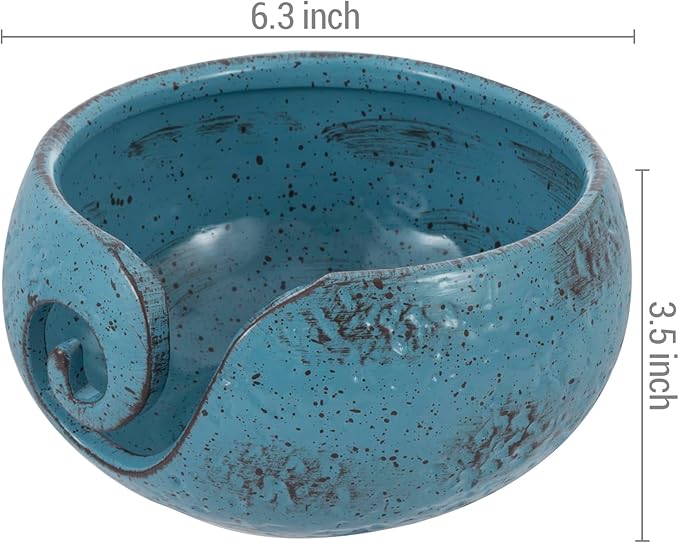 MyGift Turquoise Ceramic Tangle-Free Yarn Ball Bowl, Rustic Handcrafted Knitting Crochet Bowl with Cut Out Swirl