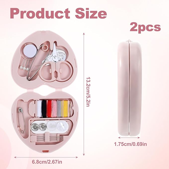 Grevosea 2 Pack Mini Travel Sewing Kit, Heart Shaped Portable Travel Sewing Repair Mini Box Beginner Emergency Repair Kit with Threads Scissors DIY Hand Sewings Needles Blue Pink