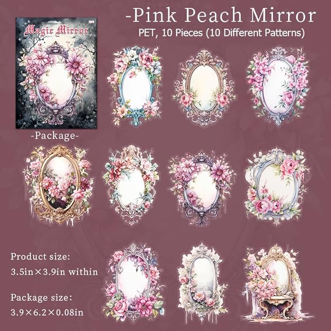MAFELOE Retro Scrapbook Stickers of 10 Pieces, PET Aesthetic Deco Stickers Journaling Supplies for Junk Bullet Bottles Laptop- Magic Mirror Series-A