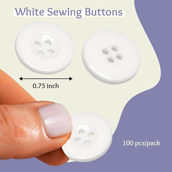 100 Pack 3/4" White Sewing Buttons 0.75 inch 30L Round Polished 4 Hole Buttons Glossy Plastic Uniform Button for Sewing Work Uniforms School Outfits Aprons Pants Jackets Accessories Bags DIY Crafts