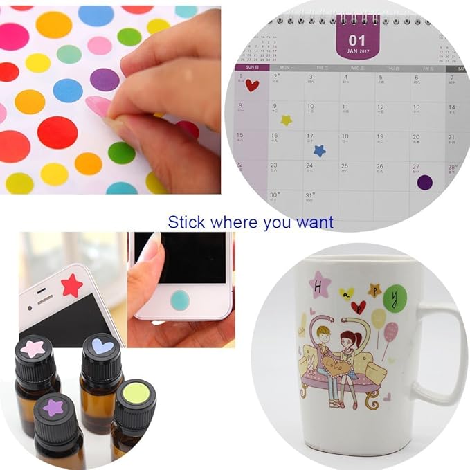 Yansanido 18 Sheets 1512 Pcs Colorful Dot Heart and Star Shape Self Adhesive Stickers, for Scrapbooking and Kid DIY Arts Crafts (Mixed dots,Hearts,Stars, 18 Sheets)