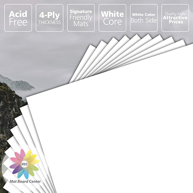 Mat Board Center, Pack of 10 16x20 White Uncut Mat Boards, Acid Free, 4-Ply Thickness, White Core, Great for Pictures, Photos, Framing Backing