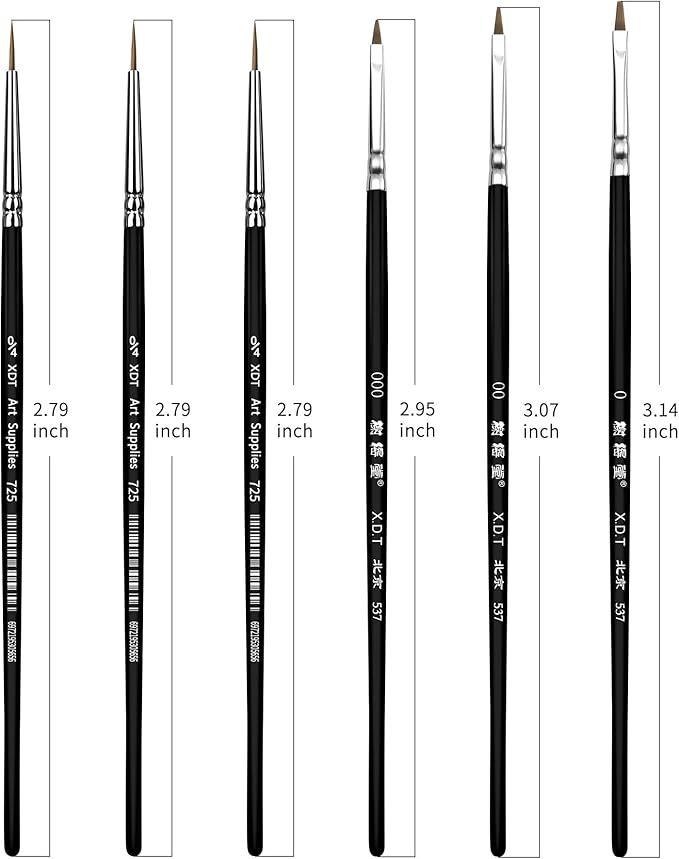 XDT#537#725 Fine Detail Artist Paint Brush 6 Piece Set, Miniature Brushes 4/0,3/0,2/0,1/0 for Micro Painting, Nail Model Acrylic Oil Watercolor, Black