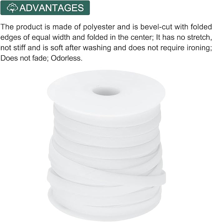 MECCANIXITY 1/4 Inch Double Fold Bias Tape Polyester Continuous Bulk Bias Tape for Sewing,Seaming Quilting Hemming Binding Crafts (White 25 Yards)