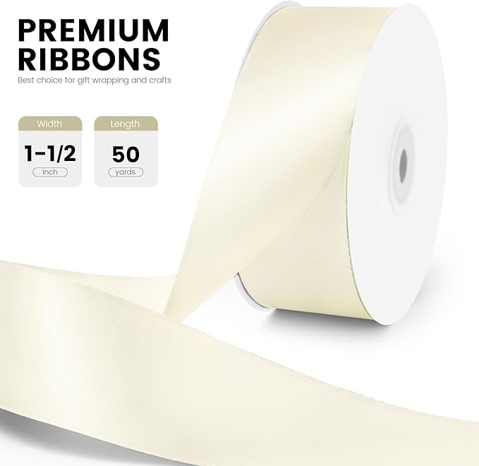 1-1/2" x 50 Yards Satin Ribbon - Ivory Silk Ribbon with Spool - Ideal for Gift Wrapping, Floral Bouquets, Crafts, Wedding Party Decorations, Christmas and Sewing Projects