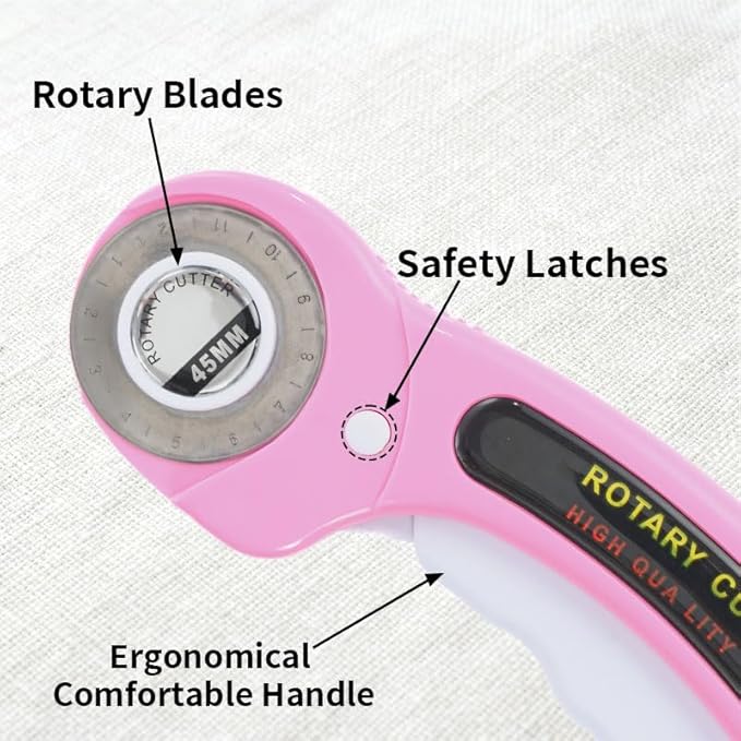Rotary Cutter for Fabric, 45mm and 28mm Rotary Cutters Kit with Extra 10 Blades, Ergonomic Rolling Cutter with Safety Lock, Suitable for Leather, Crafting, Sewing, and Quilting Fabric (Pink)