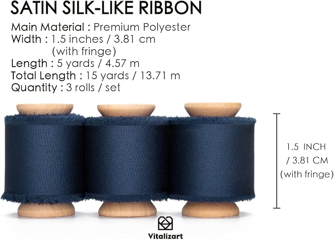 Vitalizart Navy Blue Ribbon Silk Satin 1-1/2 inch x 15 Yard Navy Blue Handmade Frayed Ribbons for Gift Wrapping Baby Shower Wedding Bridal Bouquets Holiday Decor
