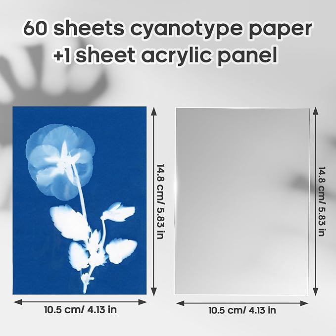60 Sheets Sun Print Paper Cyanotype Paper Kit, A6 Sun Art Paper With 1 Acrylic Board for Sun Printing, Light Sensitive Solar Photography Paper for Kids DIY Crafts (4.1 x 5.8 inch)
