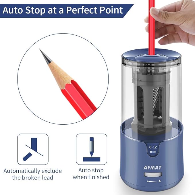 AFMAT Pencil Sharpener, Electric Pencil Sharpener for Colored Pencils, Auto Stop, Fast Sharpen in 3s, Large Hole Pencil Sharpeners Plug in for 6-12mm No.2/Jumbo Pencils PS93