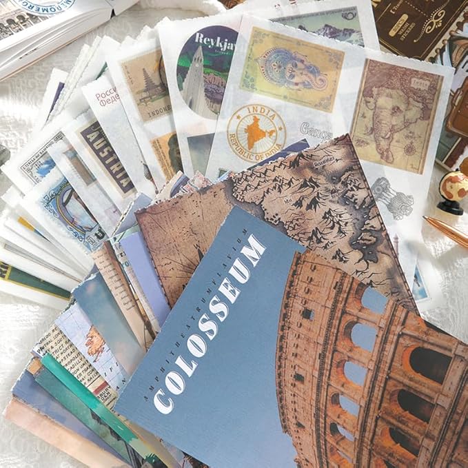 Vintage Aesthetic Washi Stickers and Papers for Scrapbooking, 50 Sheets Ephemera Book for Art Journaling with Retro Global Travel Theme Stickers and Decoupage Papers for Junk Journal