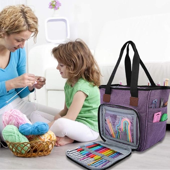 SumDirect Yarn Bag, Knitting Organizer Tote Bag Portable Storage Bag for Yarns, Carrying Projects, Knitting Needles, Crochet Hooks, Manuals and Other Accessories (Purple)