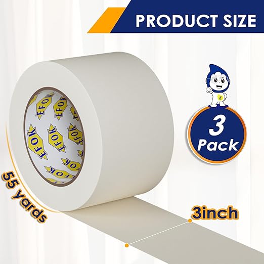 3 Pack Masking Tape 3 Inch Wide Bulk, General Purpose White Painters Tapes for Drafting, Packing, Labeling, 3 Inch × 55 Yards Total 165 Yards