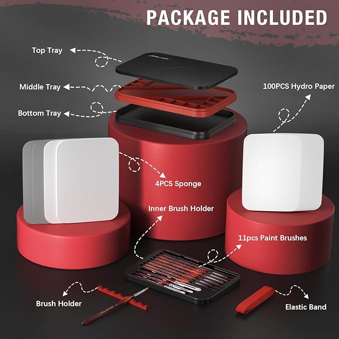 Wet Pallet for Painting Miniatures - Golden Maple 2 in 1 Dry and Wet Palette with Lid, Including 11 Miniature Paint Brushes,100PCS Palette Paper, 4PCS Sponges, Paint Brushes Holders