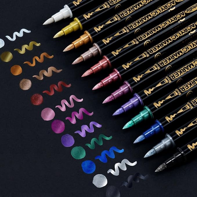 TRANSON 12Colors Metallic Paint Markers Bold and Brush Dual-tip for Rock Wood Ceramic Canvas DIY Painting Drawing
